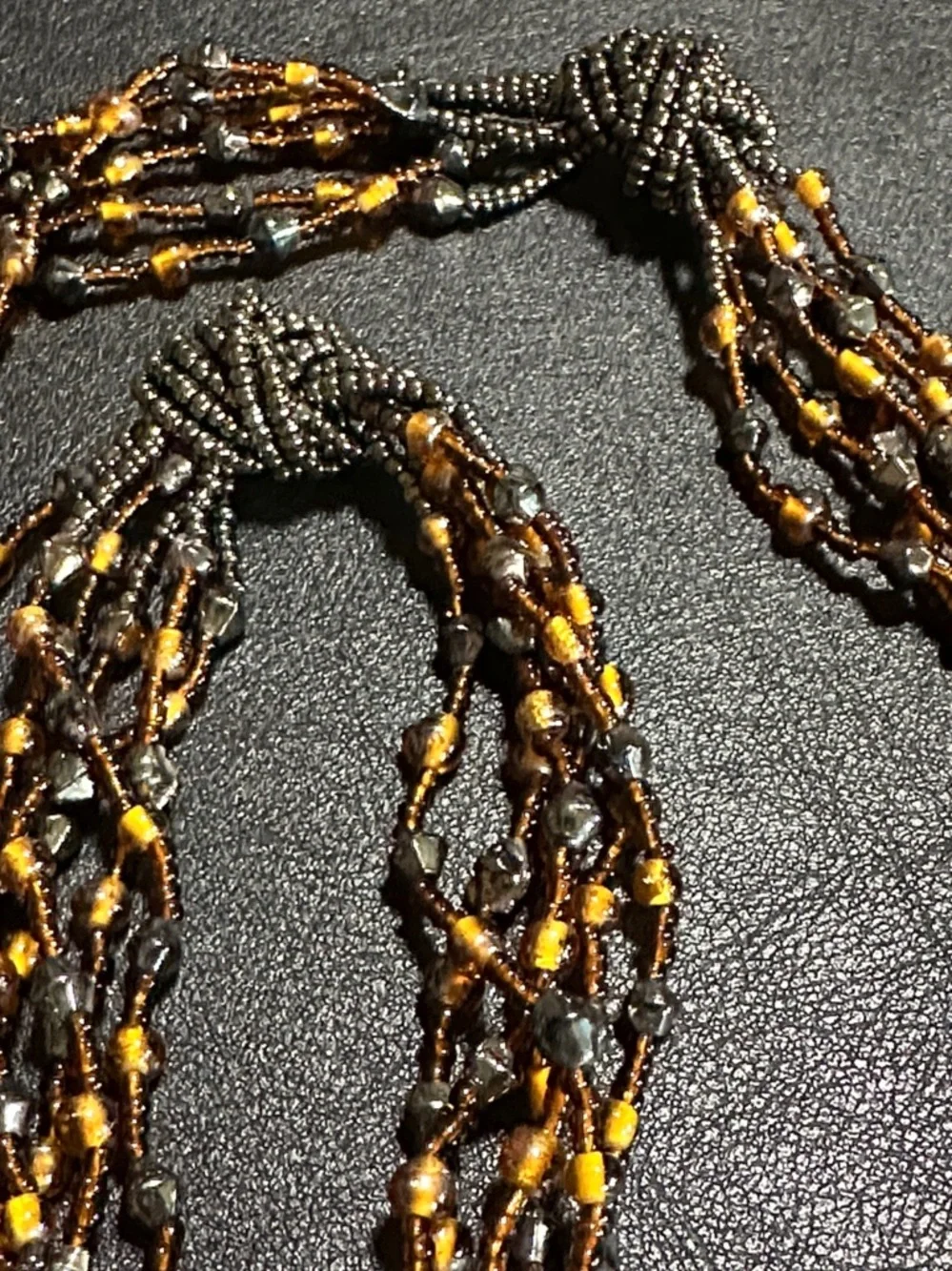 Multi-Strand Torsade Style Glass Brown, Amber & Iridescent Bead Necklace